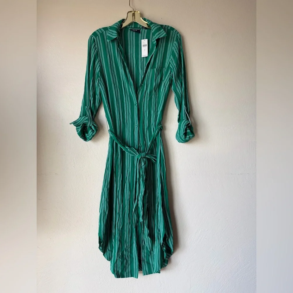 Maeve Anthropologie shirt dress green stripe button down belted size 2 nwt - Picture 2 of 7